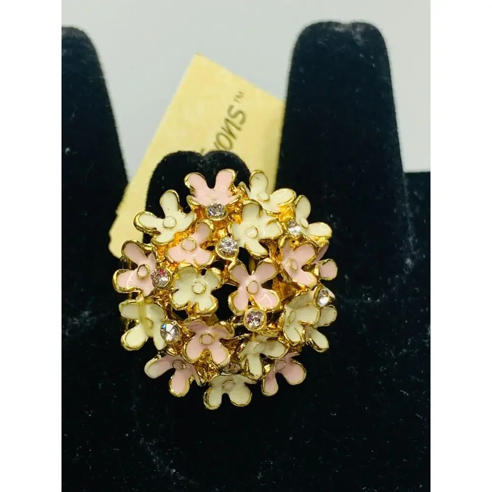 Erica Lyons Pink & White Flower Stretch Ring, Gold Tone with Rhinestones